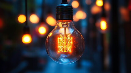 Outdoor close-up of a vintage lightbulb with a warm glowing filament, retro style