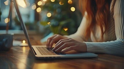 Woman working on laptop computer in warm cozy home office environment during holiday season with christmas light bokeh