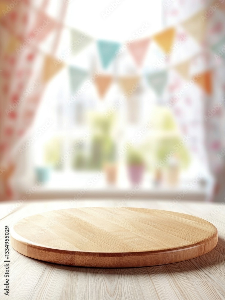 Poster light wooden surface in front of a blurred window with pennant banner for product placement