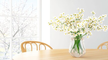 White Flowers in Glass Vase on Wooden Table - A bouquet of delicate white flowers in a clear glass vase sits on a light wooden table near a window
