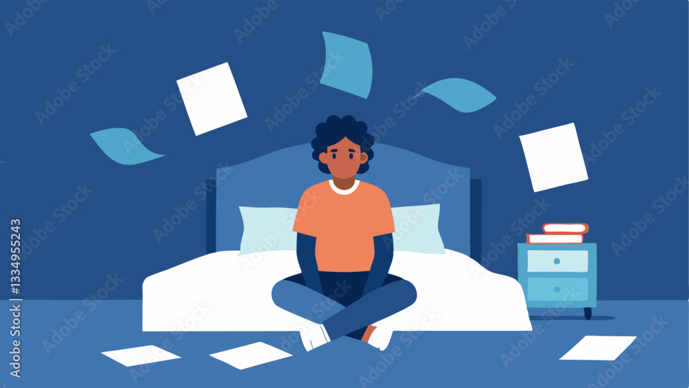 Poster multiple bills on a bed an individual sitting on the edge of a bed with a shocked expression as they
