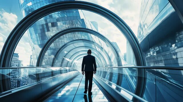 Futuristic businessman walks city skywalk tunnel