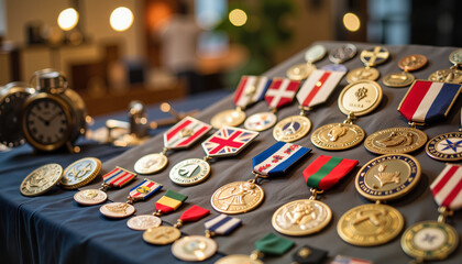 Commemorative badge collection displayed on fabric, Victory Day tribute