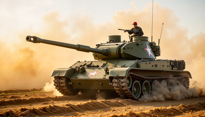 Soviet tank advancing through dusty field in morning mist, Victory Day