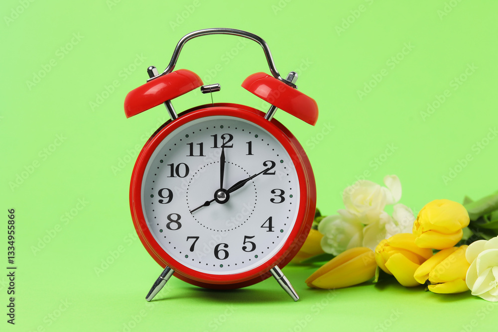 Poster spring time. alarm clock and beautiful flowers on green background