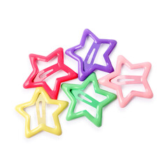Many colorful star shaped hair clips isolated on white, top view
