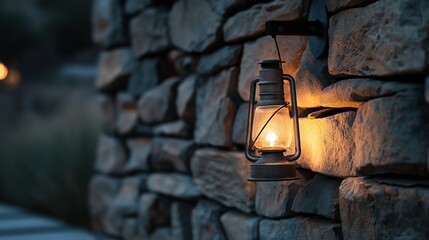 Old-fashioned lantern hanging on a stone wall. the lantern is made of metal and has a handle on the top and a spout on the side.