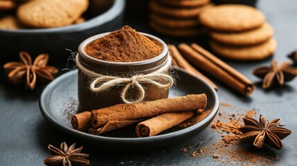 Small glass jar filled with a brown powdery substance, tied with a twine, on a black plate. next to the jar, there are several cinnamon sticks and star anise scattered around the plate.