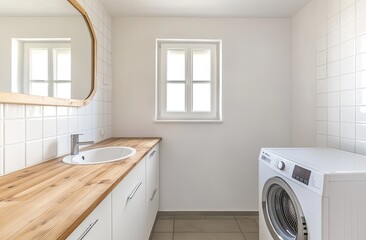 A bright and clean bathroom with white walls, tiles on the walls, a wooden countertop, and a washing machine underneath