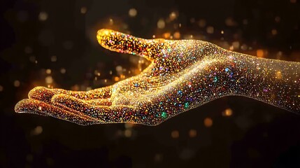 Glittering hand offering, magical particles.