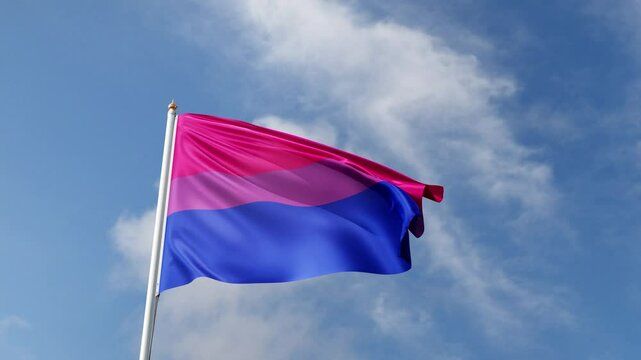 bisexual pride flag waving in the wind on a blue sky, lgbt flag, bi pride symbol, lgbtqia+ tall flagpole, lgbtqia, queer, realistic flag, symbol of the gay pride, tolerance, love	
