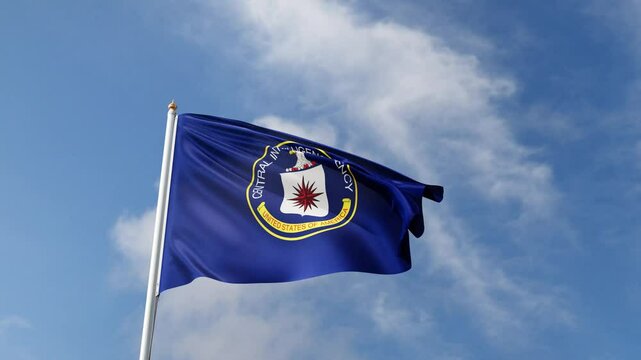 video of CIA flag on a blue sky, flag waving in the wind, central intelligence agency, united state of america flag on a flagpole, video of symbol of the CIA, american agency