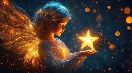 A radiant neon angel holding a glowing star.