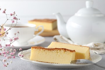 Tasty Japanese Castella sponge cake served on light table, closeup