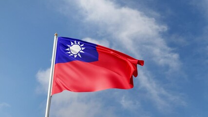 flag of taiwan on a blue sky, waving in the wind, national symbol of taiwanese nation, asian country, tall flagpole, video of a flag
