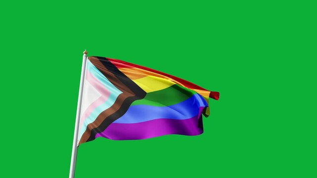progress pride flag on a green screen, waving in the wind, lgbt flag with no background, gay pride, tall flagpole, lgbtqia, queer, symbol of the gay pride, tolerance, love	