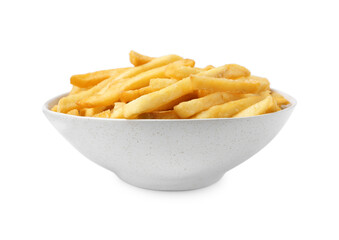 Delicious French fries in bowl isolated on white
