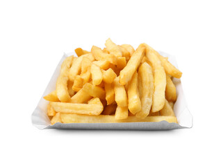 Many delicious French fries isolated on white