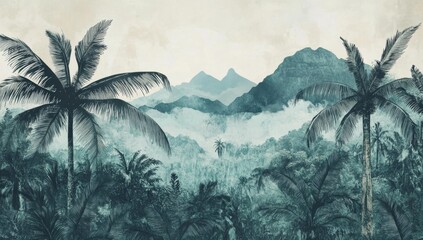 Misty tropical mountain landscape. Lush foliage, palms, and hazy mountains create a serene, exotic atmosphere