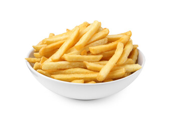 Delicious French fries in bowl isolated on white