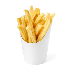 Tasty French fries in paper container isolated on white