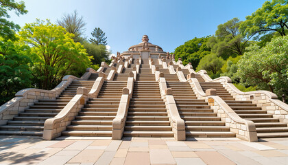 Fototapeta premium Elevated stone staircase leading to temple against clear blue sky, serenity