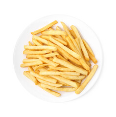 Many delicious French fries isolated on white, top view