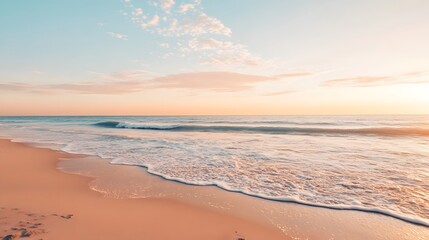 Fototapeta premium Serene Sunset Beach Scene Tranquil Ocean Waves Gently Rolling Onto Sandy Shore