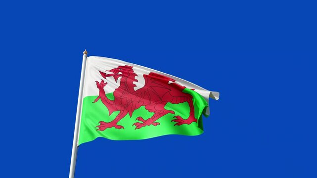 flag of wales on a blue screen, no background, transparent background, waving in the wind, national symbol of wales, european country, tall flagpole, video of a flag