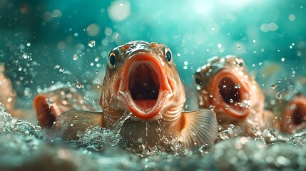 Group of Nile Tilapia Fish Feeding at the Surface of a Fish Farm Pond Their Mouths Opening and Closing as They Break the Water Underwater Nature Photography Style with Copy Space