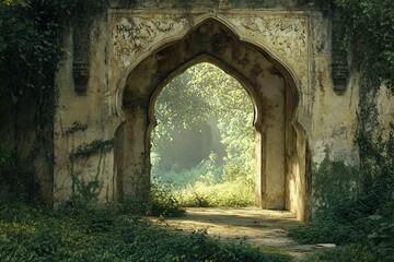 Overgrown archway leads into a dense green natural escape ancient gateway ruins
