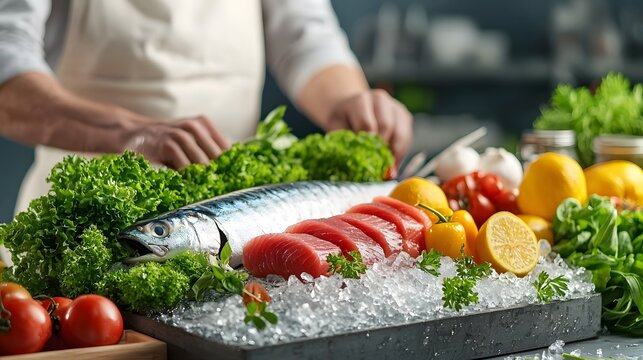 Freshly caught with its vibrant silver blue body arranged neatly on crushed ice ready for display and sale at a local seafood market leaving ample copy space for text overlay