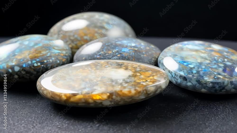 Poster a collection of polished persian agate gemstones with various colors and patterns, displayed on a da