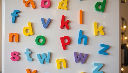 Obraz premium Vibrant alphabet fridge magnets scattered on refrigerator door, learning fun