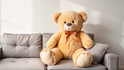 Giant teddy bear plush sitting on couch, International Children's Day