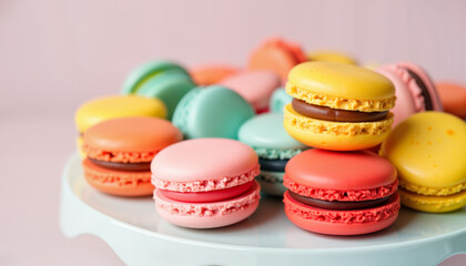 Obraz premium Colorful macarons arranged in dessert stand, celebration of sweetness