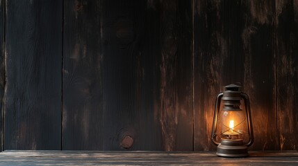 Old-fashioned kerosei lantern on a wooden table against a dark wooden wall. the lantern is made of metal and has a handle on top and a spout on the side.