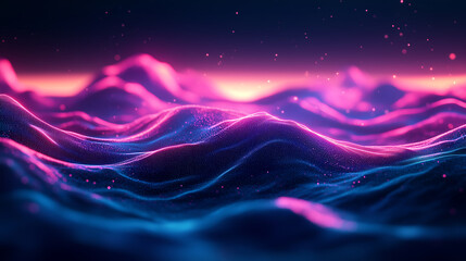 Neon Waves: An artistic view of neon waves, with vibrant pink and blue hues set against a dark sky. This artwork captures the essence of a digital landscape, evoking a sense of modern beauty.