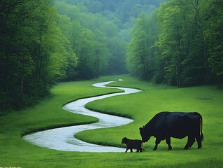 A cow and calf walk near a winding waterway