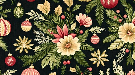 A festive patterned background featuring floral and decorative Christmas elements