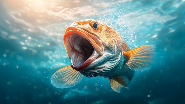 Dramatic image of a red snapper caught on a fishing line its mouth wide open as it emerges from the ocean showcasing the power and beauty of marine life  Ideal for outdoor recreation seafood