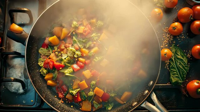 Delicious vegetable stew frying in a pan with fresh ingredients and vibrant colors