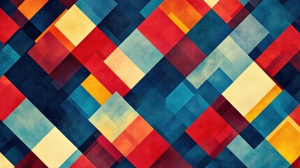 Fototapeta premium Abstract geometric pattern with red, blue, and yellow squares and rectangles.