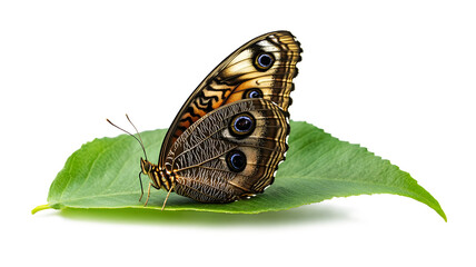 A butterfly is sitting on a leaf. The butterfly is orange and black. The leaf is green