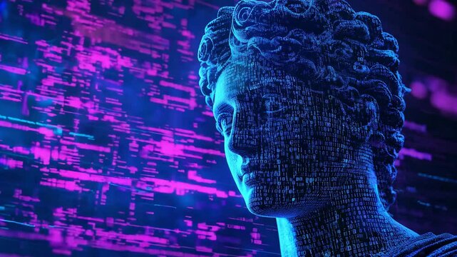 A classical statue transforms into a digital representation as colorful patterns move around, showcasing the blend of heritage and technology