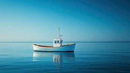 Fototapeta premium A peaceful fishing boat bobbing in the ocean, with a clear blue sky and a distant horizon.