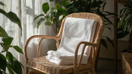 Wicker armchair with a white towel folded neatly on top of it. the chair is placed in front of a window with white curtains, and there are several potted plants in the background.