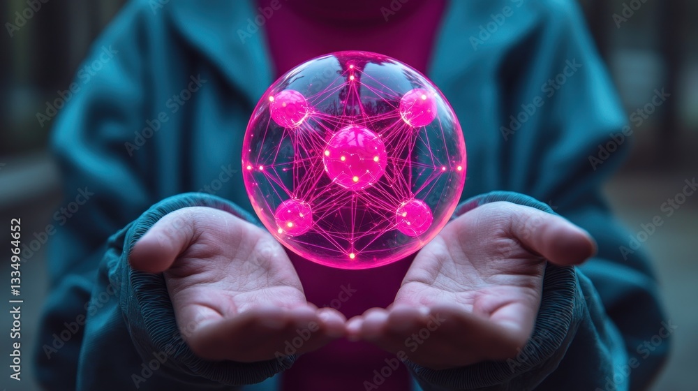 Poster futuristic network sphere in hands: a digital connection visualization