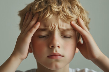 Little boy suffering from headache massaging temples. Child closeup portrait with painful expression on face. Kid migraine or stress concept