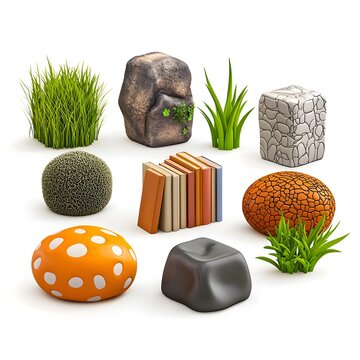 Educational Nature Cartoon Set, 3d cartoon nature elements and book set, fantasy object collection for game UI, cartoon texture rocks and grass set